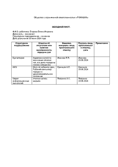 Обходной лист при увольнении